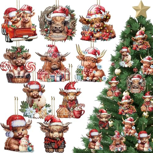 20 Stück Kuh Weihnachtsschmuck, Hölz Kuh Anhänger Christbaumschmuck Weihnachtsanhänger Cartoon Kühe Hängende Dekoration für Weihnachtsbaum Haus Auto (Kuh)