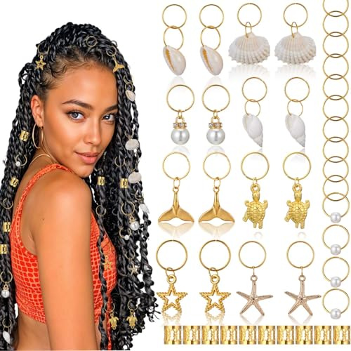 40Pcs Seashell Hairs Clip Gold Hair Cuffs Charms Rings for Braid, Gold Hair Jewelry for Braids, Loc Dreadlock Accessories for Braids Black Women Men Festival Pirate Jewelry Decorations