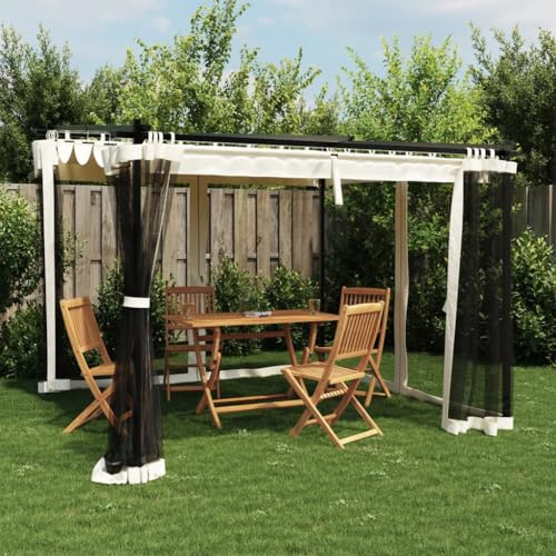 Gazebo da Giardino con Pareti Zanzariera,Telaio in Acciaio e Alluminio,Tetto Retrattile in Poliestere,Tende da Sole per Esterno,Tendone da Esterno,per Giardino e Campeggio,Crema,296x296x230 cm