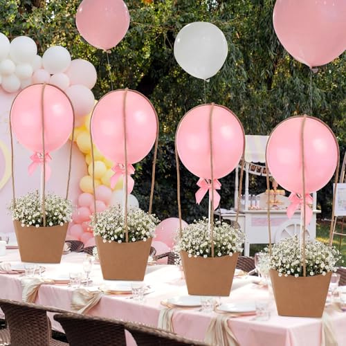 Shappy Set di 4 centrotavola rosa con mongolfiera per baby shower, palloncini rosa macaron con scatole in carta kraft, fiocchi, corda di canapa, per fai da te, baby shower, sesso rivelatore di
