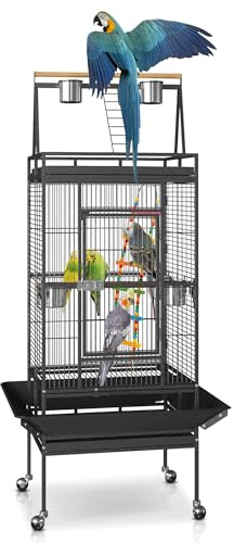 SUPER DEAL 68-inch Large Bird Cage with Rolling Stand African Grey Parrot Chinchilla Finch Cage Conure Cockatiel Cockatoo Pet House Wrought Iron Birdcage, Black