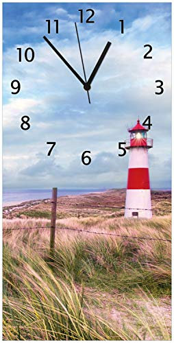 Wallario Design-Wanduhr Leuchtturm am Strand von Sylt aus Glas, Motiv-Uhr Größe 30 x 60 cm, Schwarze Zeiger