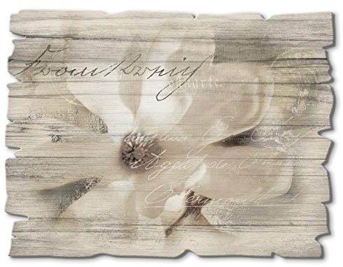 ARTland Wanddeko Bild aus Holz Holzbild vintage Deko 40x30 cm Querformat Blumen Magnolie Botanik Schriftzug Landhausstil T4RT