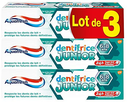 Aquafresh Dentifrice Junior, Pour les Enfants Entre 6 et 8 Ans, Protege les Dents En Croissance, Goût Menthe Douce, Lot de 3x75ml