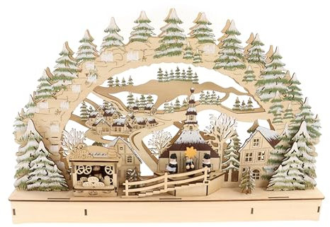 ELLUG 3D Schwibbogen Lichterbogen Holzschnitt, Winterdorf mit Licht & Glitzer 44,5 * 7 * 29,5cm, batteriebetrieben & Timer-Funktion