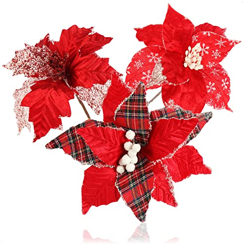 com-four® 3x composizioni decorative, fiori artificiali come fantastiche decorazioni natalizie, bellissime decorazioni per la stanza, anche per ghirlande e composizioni floreali (rosso + bianco)