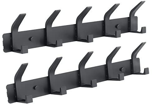 ZGELIN - Attaccapanni da parete, 5 ganci, in metallo resistente, doppio gancio, per cappotti, cappelli, asciugamani, borse, accappatoi, colore: nero, confezione da 2, nero 2, 5 ganci