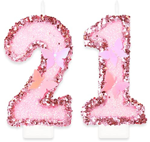 Birthday Candles, Number 21 Candle, Butterfly 21th Birthday Decorations for Women/Girl, Pink Happy Birthday Candle for Cake, Handmade Sequin Numeral Candle Wedding Cake Topper Anniversary Party Decor