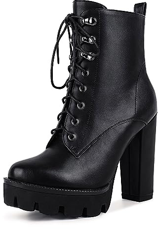 Wetkiss Combat Boots - Women's Black Leather Ankle Boots with Chunky Heel and Lace Up Detail
