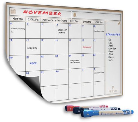 Previs Whiteboard Kalender A3 (40x30CM) mit 3 Löschbaren Markern - Magnetischer Monatsplaner für Kühlschrank - Monthly Planner