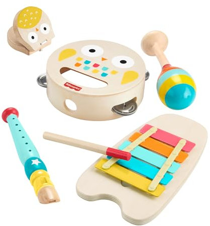 Fisher-Price Toddler Toy Wooden Musical Instruments Gift Set with 6 Wood Pieces for Developmental Play Kids Ages 2+ Years, HXT90