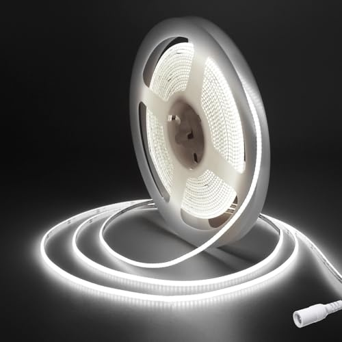 Fosingut COB LED-remsa 5m,DC12V 2.7mm LED Strip Kallvit 6500K,CRI90+ 480LED/m Remsor ljuskedja,Flexibel Självhäftande repljus neonljus för TV-bakgrundsbelysning,Kök,Sovrum,DIY Dekor(Endast Strip)