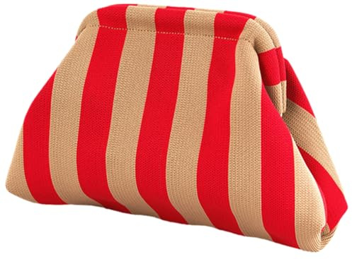 Clutch Purses for Women Summer Beach Woven Crochet Handbag Dumpling Striped Ruched Cloud Purse colorblock Evening Bag yellow red