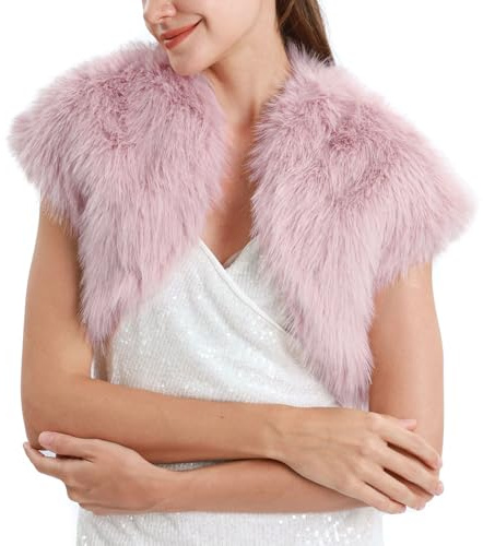 Amazhiyu Boléro en fausse fourrure pour femmes, gilet sans manches en fausse fourrure, boléro à manches courtes, cardigan court à col rond, ouvert sur le devant, pour robe de soirée, rose, S
