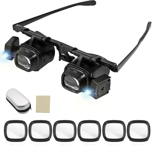 Aohcae Kopfbandlupe mit Led, Kopf Lupenbrille 2.0X 6.0X 10.0X 24.0X Vergrößerung, Vergrößerungsbrille, Kopfmontierte Lesebrille für Juweliere, Nähen, Handwerk, Hobbys