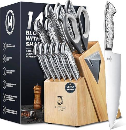 DRAGON RIOT Couteau Cuisine, Set de Couteaux de Cuisine avec Bloc de Couteaux - 14 pièces Couteau de Cuisine Professionnel Japonais, Bloc avec Aiguiseur et Poignée Ergonomique, Cadeau pour Hommes