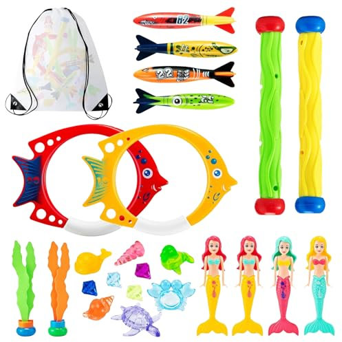 AHEJIOO 24 Stück Pool Spielzeug Kinder Set, Tauchringe, Tauchspielzeug Für Kinder, Poolspielzeug, Schwimmbad Spielzeug, Für Ab 4 Jahren, Inkl. Tragetasche