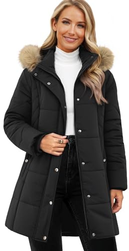Funlingo Womens Winter Warm Coat Thickened Hooded Long Puffer Down Jacket Casual Quilted Padding Windproof Outerwear Black M