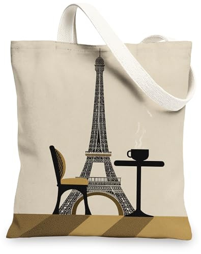 Paris Tower - Bolsas de lona reutilizables con diseño artístico parisino, elegantes, minimalistas, ligeras, lavables, Beige, 13x15 Inch