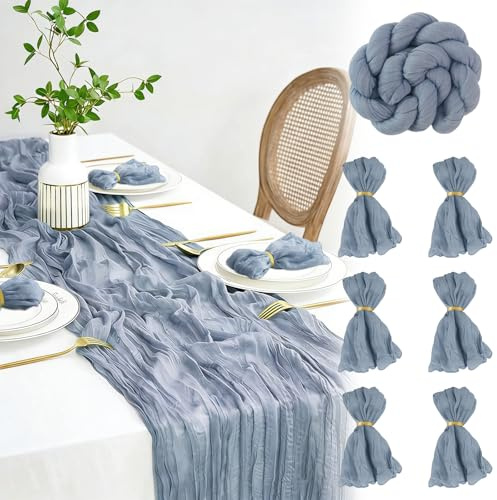 FALSKT Camino de Mesa Azul Polvoriento 300×90cm Mantel de Gasa de Poliéster Vintage Camino de Mesa Moderno con Textura Arrugada paraComuniones Fiestas,6PCS Servilletas de Gasa,6PCS Anillos Servilletas