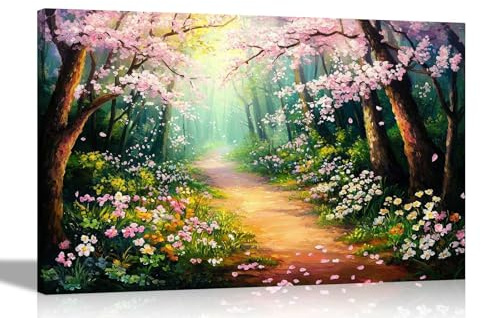Artley Prints - Colourful Pink Forest Summer Flowers Canvas Wall Art Print Living Room Home Bedroom Conservatory Framed Pictures Extra Large 101 x 76cm (40 x 30 inches)