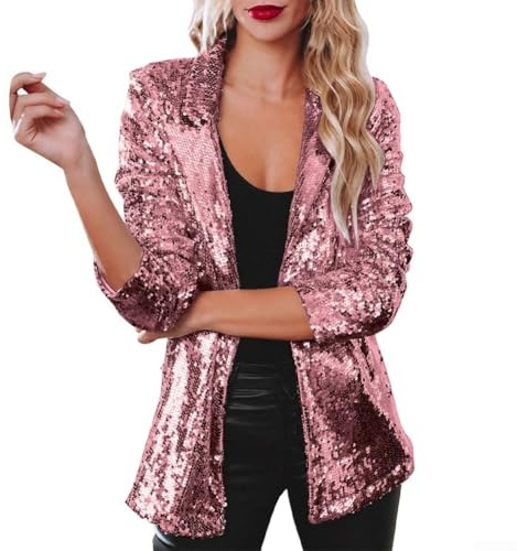 Oniissy Blazer de Lentejuelas para Mujer, Chaqueta de Moda Y2K - Para Otoño Invierno Salidas Nocturnas Elegantes y Reuniones Casuales de Otoño, Opciones de Talla Detalladas S-3XL (XL Rojo Rosa)