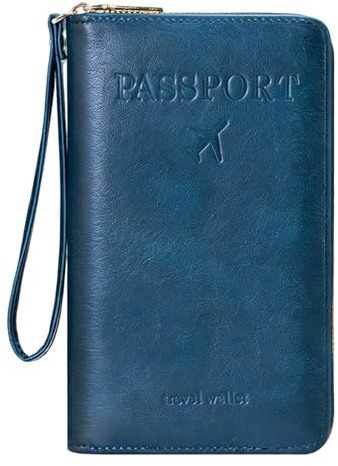Duzapku Passport Holder, RFID Passport Wallet, Leather Travel Wallet with Zipper Card Slots for Women & Men, Travel Holiday Essentials, Peacock Blue