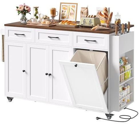 FirFurd Kücheninsel freistehend mit Rollen, Küchenwagen mit Steckdoseleiste & Messerblock, Küchenschrank mit klappbarer Arbeitsplatte, Küchenwagen Holz mit Mülltrennsystem 135x60x88cm weiß