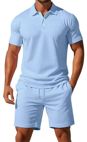 Mens Shorts and T Shirts Sets Summer Outfits Lightweight Breathe 3 Button Ribbed Collar Golf Polo Shirt Drawstring Elastic Waist Knee Length Shorts with Pockets Solid Color Tracksuit Set