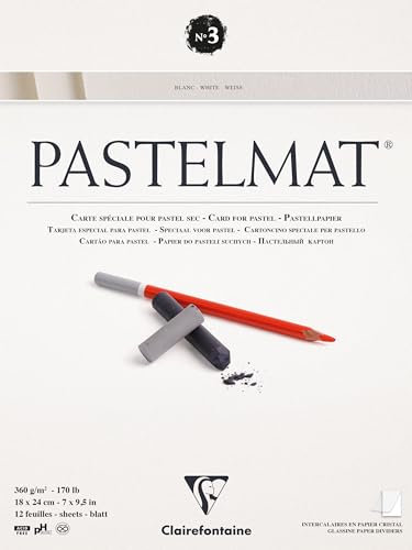 Clairefontaine 96001C Zeichenblock Pastelmat (kopfseitig geleimt, 12 Blatt, 18 x 24 cm, 360 g, mit 4 transparenten Trennblättern, Spezielkarton ideal fur Pastell und Kreide) weiß