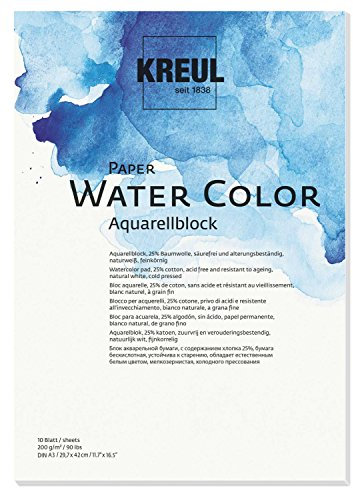 KREUL 69012 - Paper Water Color, Aquarellblock, DIN A3, 200 g/m, 10 Blatt, säurefrei und alterungsbeständig, naturweiß, für Malerei mit Aquarell- und Gouachefarben