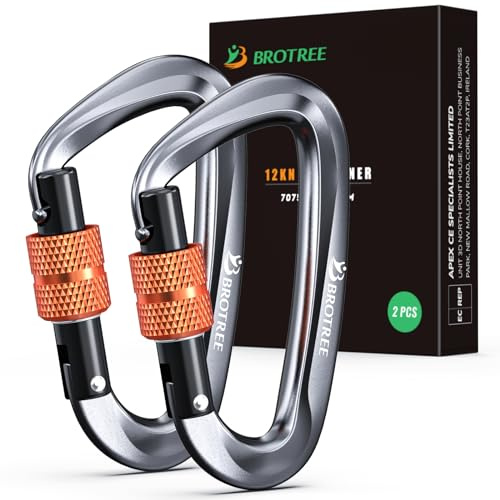 Brotree Mosquetones de Bloqueo 12KN (1200 kg) Mosquetón de Aluminio Resistente con Cierre de Resorte para Hamaca, Senderismo, Gimnasio - Seguridad 8cm Forma de D Mosquetones con Seguro
