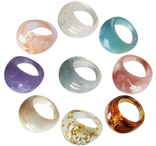 Holibanna Lot de 9 bagues en résine acrylique multicolores larges et épaisses - Empilables - Décoration de doigt créative