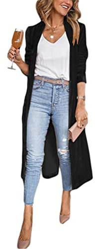 ORANDESIGNE Veste Femme Chic et Elegant Longue Manteau Long Velours Cardigan Fluide Jacket Trench Coat Gilet Blazer Mode Leger Blouson avec Poche Coupe Vent Vintage Manteaux Coat Noir L