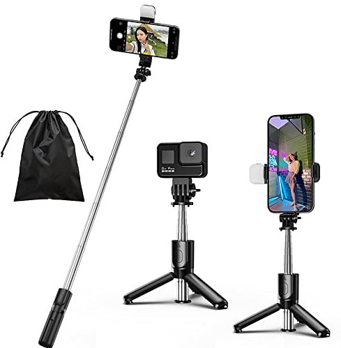 KOMI Perche à Selfie 4 en 1 avec lumière de Remplissage, Mini trépied Extensible Portable avec télécommande sans Fil Amovible, Compatible avec iPhone, Samsung, Appareil Photo (Mini Noir + lumière)