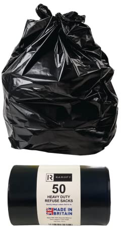 Ramofy 50 Heavy Duty Refuse Sacks, Kitchen Bin Liners, Large Bin Bags, Strong Leak Resistant Rubbish Bin liners, Dustbin Waste Bag Roll for Kitchen Home Office DIY Garden Waste, 90 Litres - Black