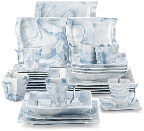 MALACASA 30 tlg. Marmor Porzellan Geschirrset Kombiservice Tafelservice mit je 6 Kaffeetassen, 6 Untertassen, 6 Dessertteller, 6 Suppenteller und 6 Flachteller, Blau Serie Flora