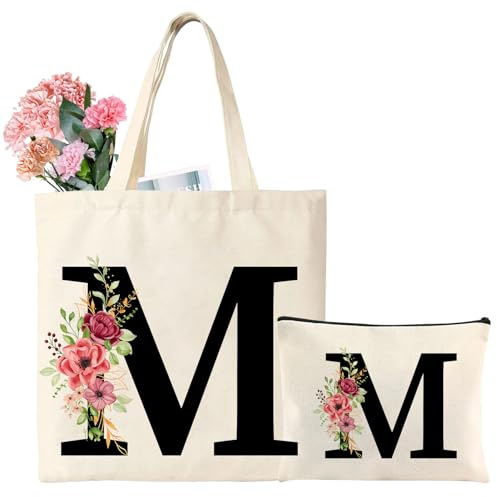 Tarklanda Borsa Iniziale Personalizzata, Borsa Tote in Tela con Iniziali, Tote Bag con Lettere e Fiori, Regali per Donna, Mamma, Amica, Regali per Compleanno, Festa della mamma (M)