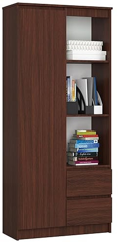 AKORD Bücherregal CLP 80 cm 7 Regale 2 Schubladen und Türen | für Dokumente Bücher für einen Schlafzimmerschrank Bücherregale Laminierte Platte 16 mm | Wenge