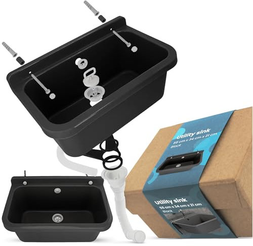 Waschbecken Spülbecken Ausgussbecken Waschtrog Becken 55x34x21cm Schwarz Gewerbe Waschraum Garten Garage Keller Werkstatt Waschküche Waschtisch Außenwaschbecken Gartenwaschbecken