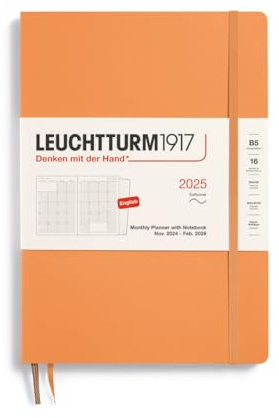 LEUCHTTURM1917 370709 Planificador mensual y cuaderno 2025, Composition B5, tapa blanda, 16 meses, a rayas, albaricoque, inglés