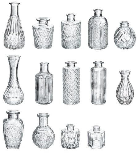 Ideen mit Herz glasvaser | miniatyrvas-set | blomvaser vintage | klar | olika mönster och storlekar | 14 stycken
