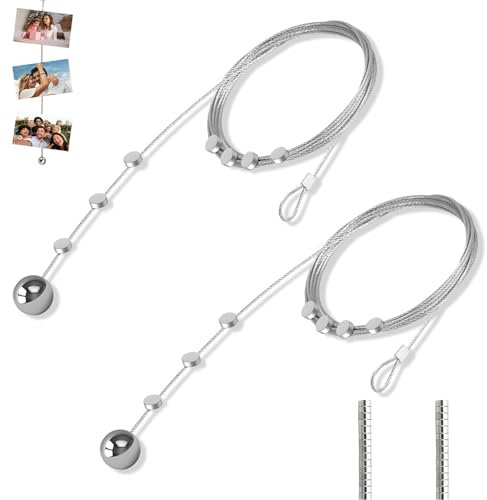 SKDFHOD 2 Stück Fotodrahtseil, Fotoseil Fotodrahtseil, Edelstahl Draht Seil mit 30 Knopfmagnete, DIY Bilderrahmen Wanddekoration, zum Aufhängen Von Fotopostkarten Bilderrahmen (2m x 1,5mm)