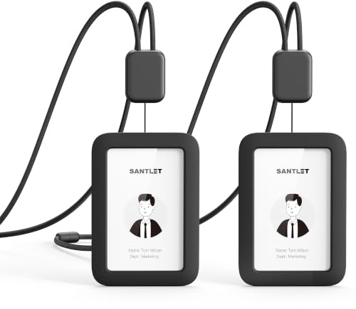 SANTLET Lanyards for ID Badges Holder, Soft Silicone, Retractable Cord | Clean Quiet Profile with 2 Card Slots, Safety Breakaway Buckle for Office Staff, Teachers, Employees, 2PCs Vertical Black