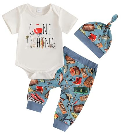 Baby Boy Fishing Clothes Retro Bodysuit Tackle Box Lures Fish Pants Hat Cute 3Pcs Newborn Coming Home Outfit Summer (White, 0-3 Months)