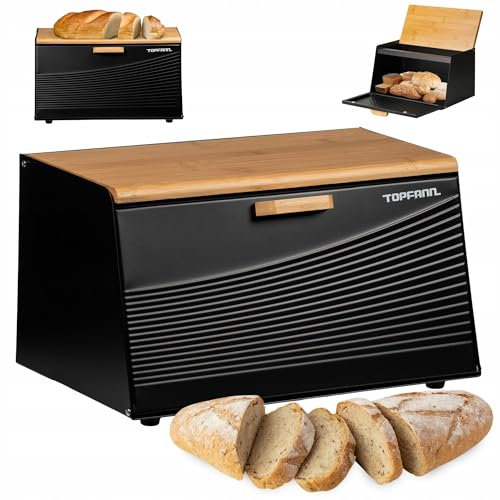 Topfann Brotkästen Brotkorb Brotbox Bambus Groß Brotbehälter Brotdose Schwarz Metall