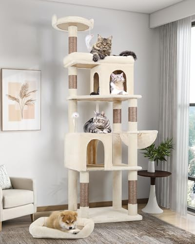 Globlazer Kratzbaum Groß Beige, Katzenbaum 183 cm hoch mit Großer Liegefläche Katzenhöhlen Sitzstangen Katzenspielzeug, Aktivitätskratzbäume Stabil für Maine Coon bkh Große Katzen (S72, Beige)