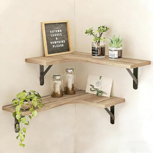 Estantes de esquina para pared, paquete de 2, estante de madera para dormitorio, baño, cocina, guardería, sala de estar, oficina, estantes de esquina flotantes, estantes rústicos con soporte