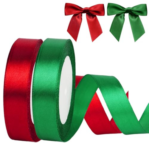DOKRIN Cintas de adorno de costura, 2 rollos de cinta de regalo de 20 mm x 22 m. Ideal para Navidad, San Valentín, ramos, pasteles, bodas, fiestas y envolver regalos (rojo, verde)