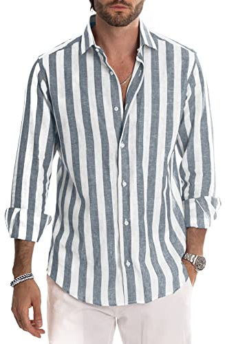 JMIERR Mens Linen Shirts Long Sleeve Button Down Striped Shirts | Cotton,Casual,Beach Holiday Vacation Dress Shirt,Office,Machine Wash,England,Loose Fit,Men's Fashion